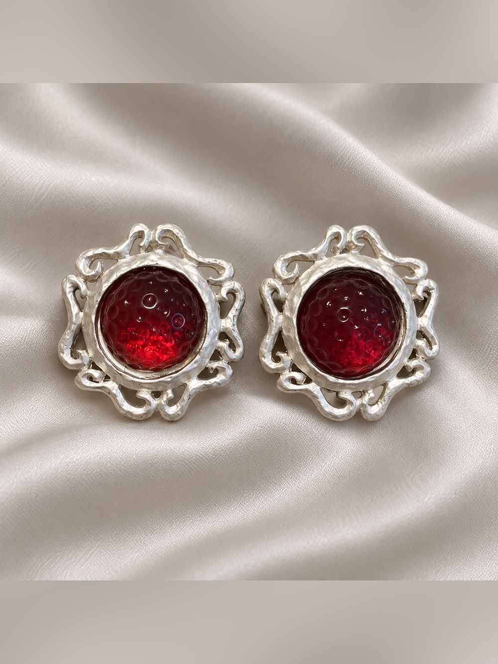 Dolce Vita Ruby Red Cabochon Silver-Tone Baroque Clip-On Earrings